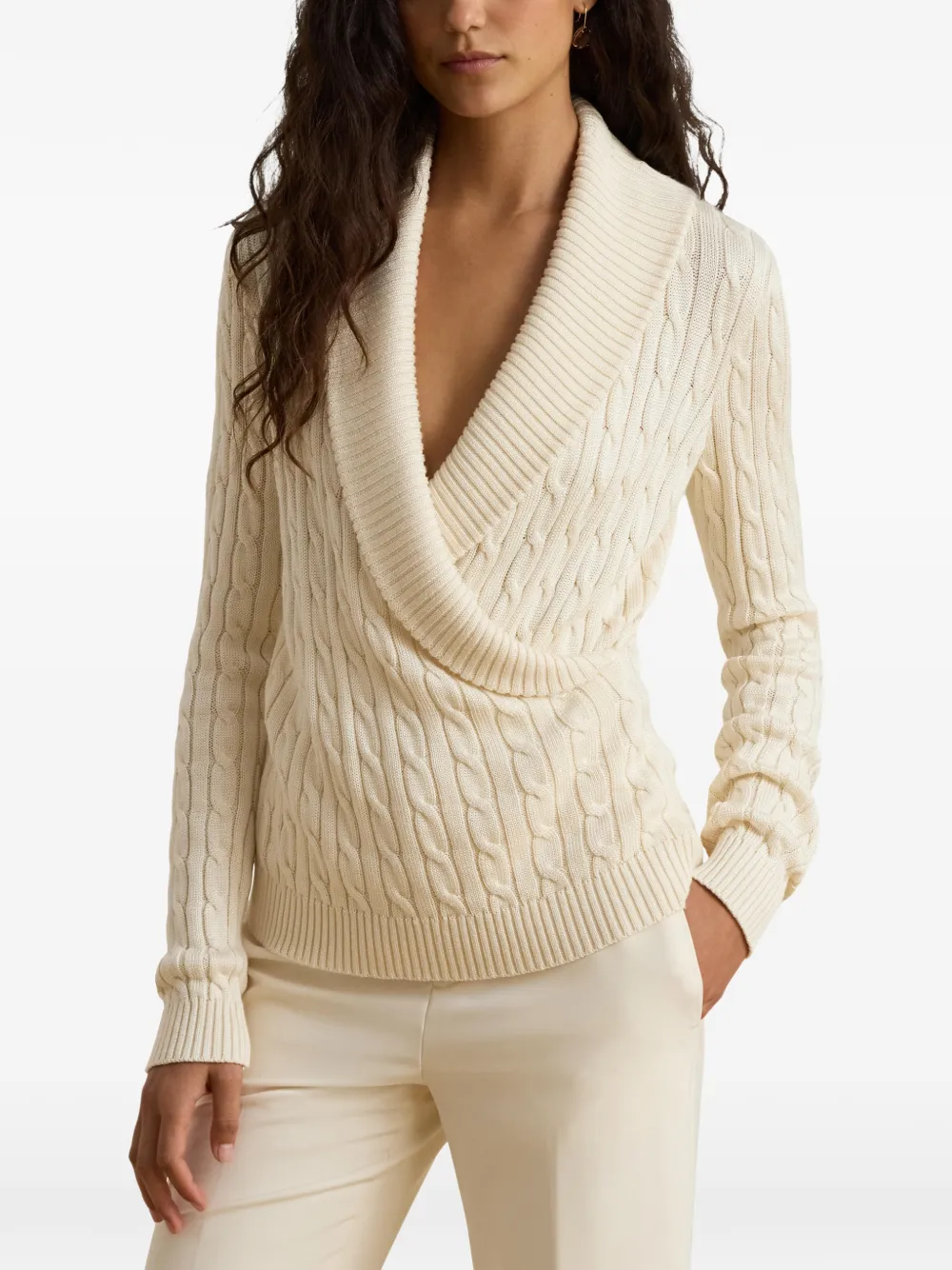 Lauren Ralph Lauren Kabelgebreide trui met sjaalkraag Beige