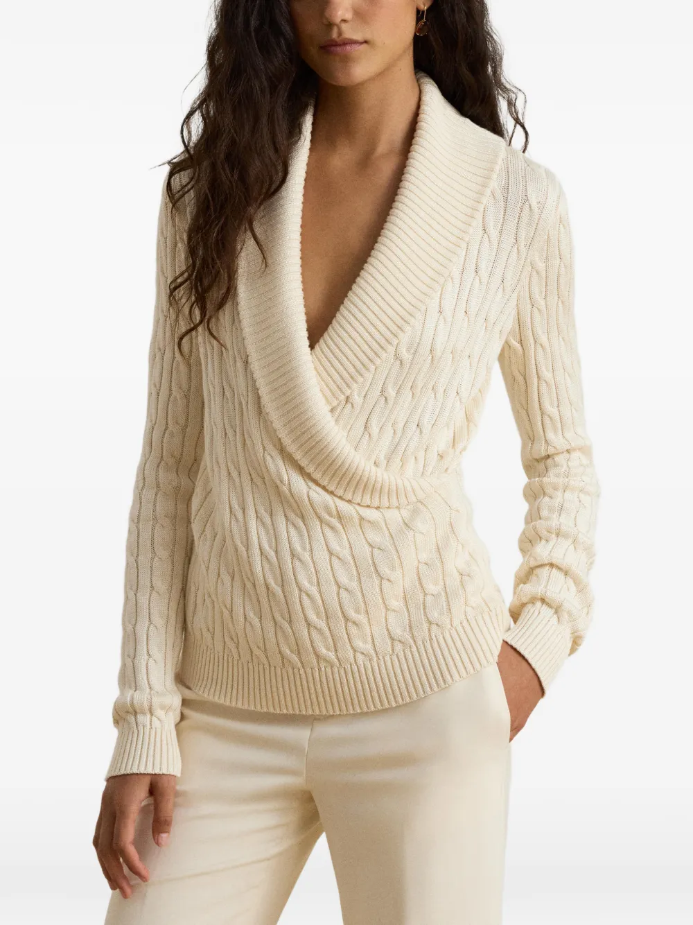 Lauren Ralph Lauren Kabelgebreide trui met sjaalkraag Beige