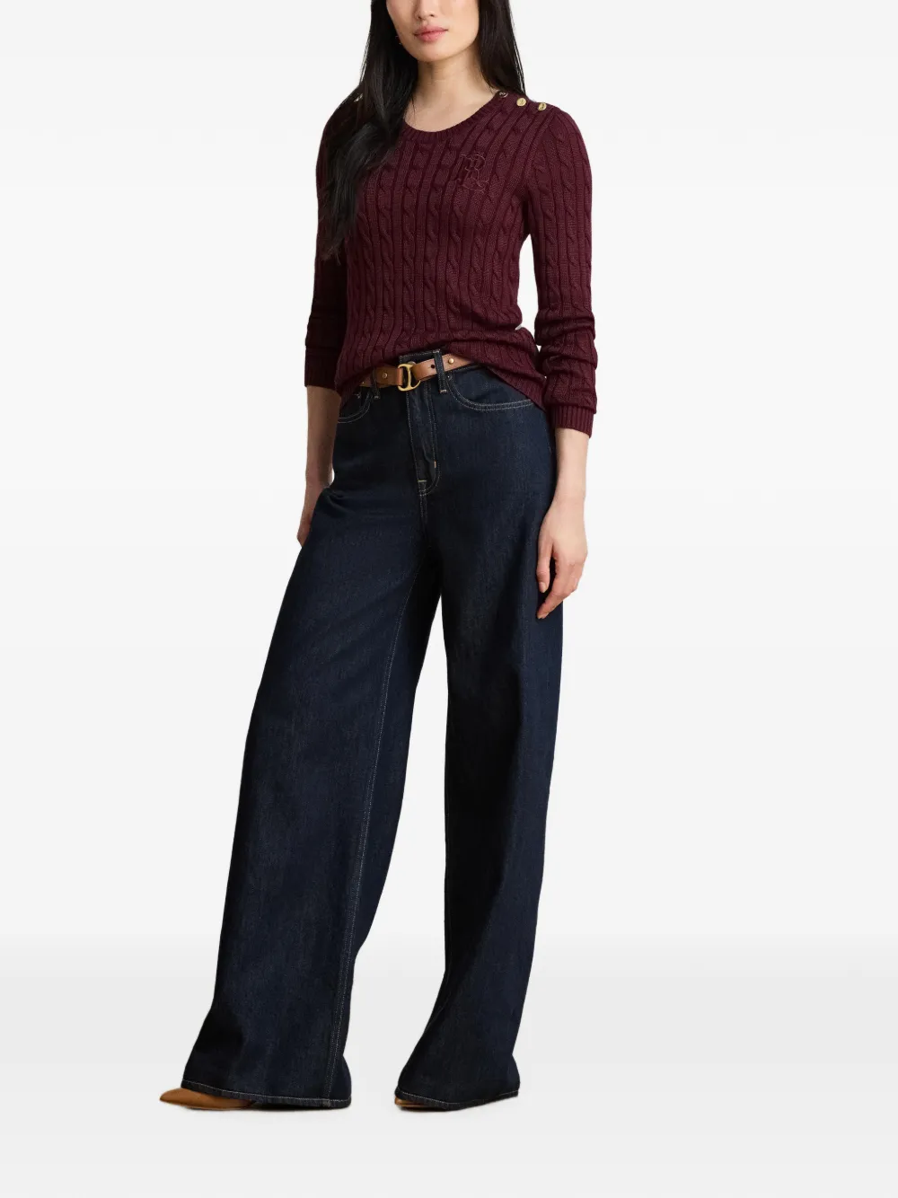 Lauren Ralph Lauren Kabelgebreide trui met knopen op de schouders Rood
