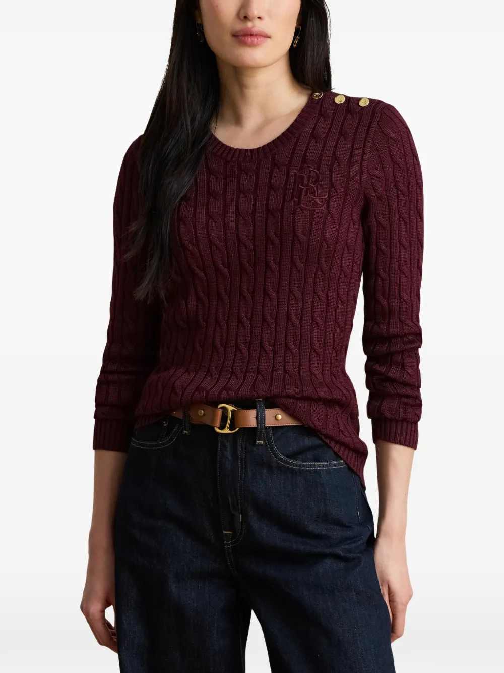Lauren Ralph Lauren Kabelgebreide trui met knopen op de schouders Rood
