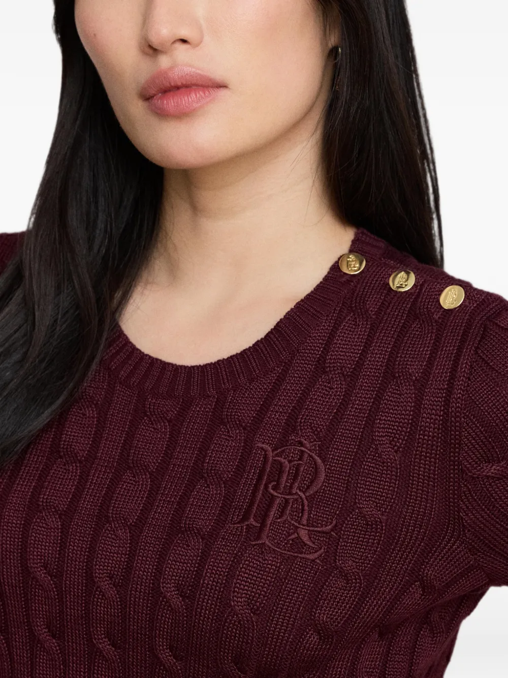 Lauren Ralph Lauren Kabelgebreide trui met knopen op de schouders Rood