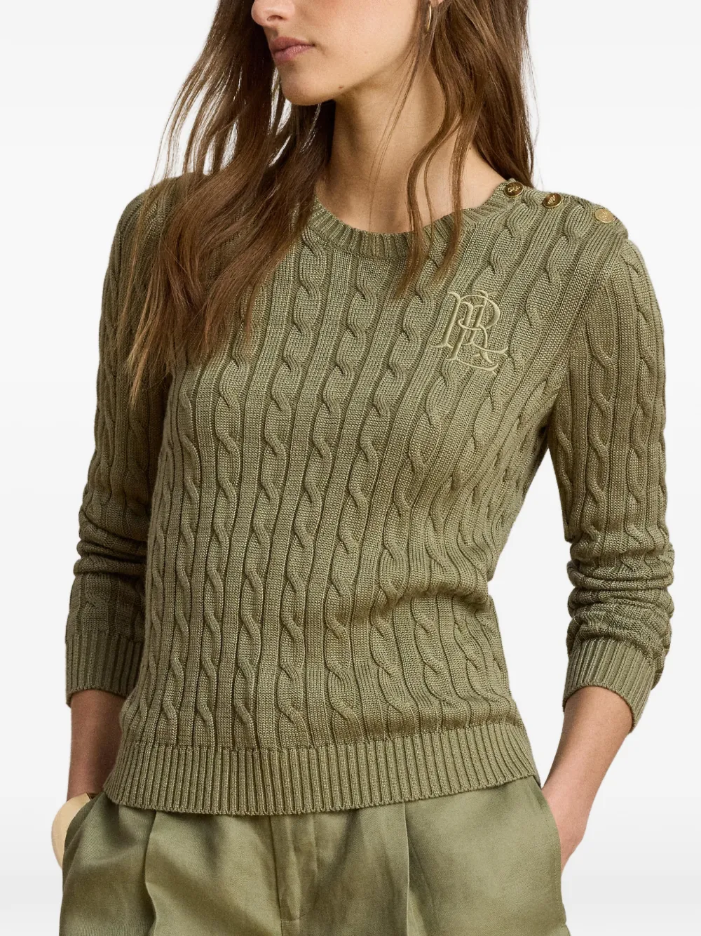 Lauren Ralph Lauren Kabelgebreide trui met knoopdetail Groen