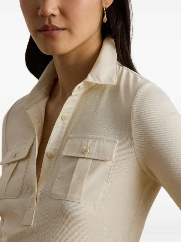 ralph lauren knit dress shirt womens Lauren Rib-Knit Elbow-Sleeve Collared Top Women's Clothing Mascarpone Cream : XS, Cotton/Elastane/Modal Category_TOP