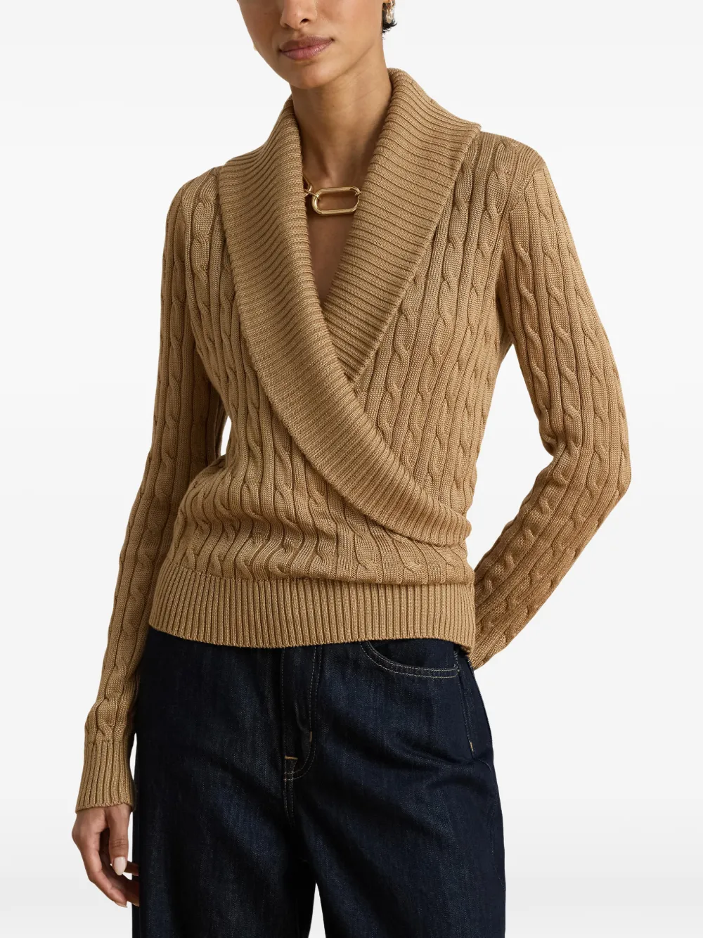 Lauren Ralph Lauren Kabelgebreide trui met sjaalkraag Bruin