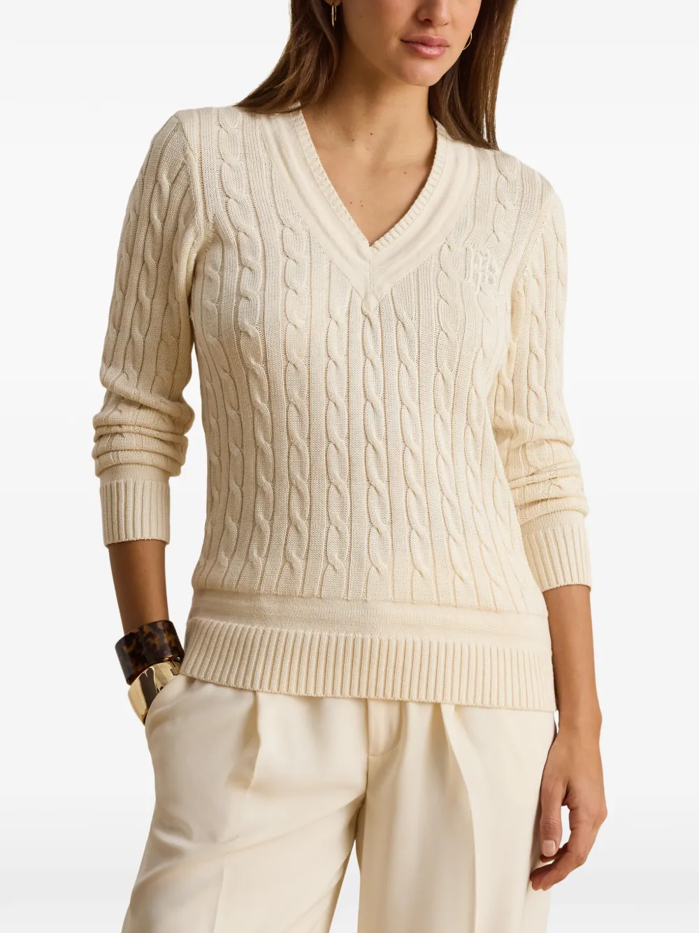 Lauren Ralph Lauren Kabelgebreide trui met geborduurd monogram Beige