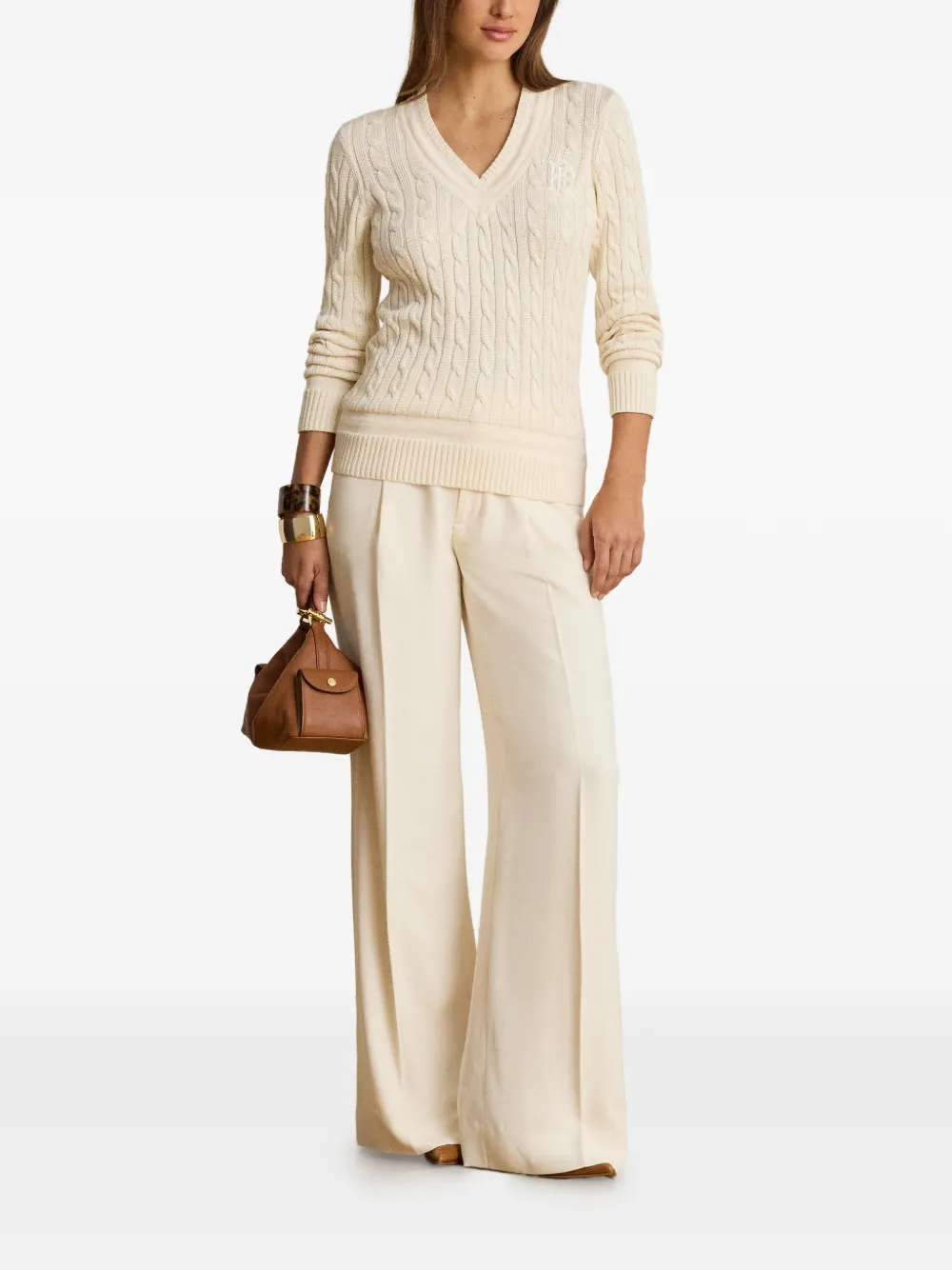 Lauren Ralph Lauren Kabelgebreide trui met geborduurd monogram Beige
