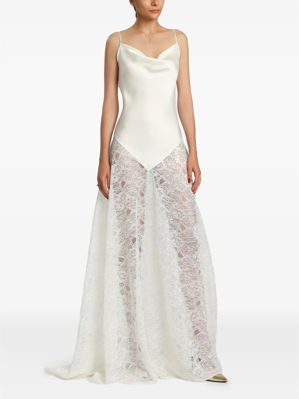 MIAU by Clara Rotescu Palmer lace-panelled cowl-neck gown - Bianco