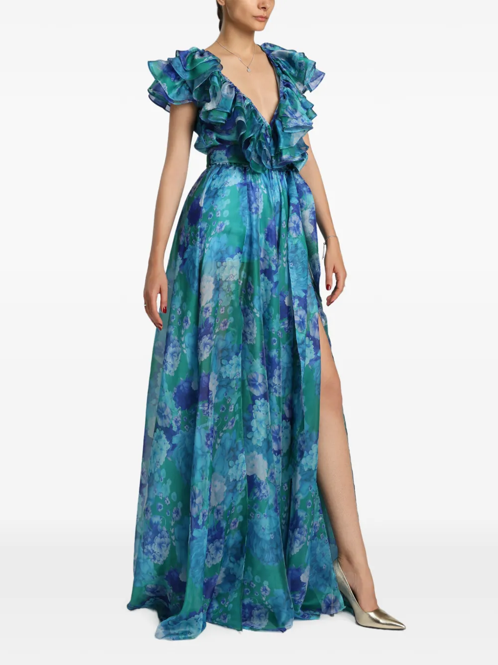 MIAU by Clara Rotescu Joanna avondjurk met bloemenprint en ruches Blauw