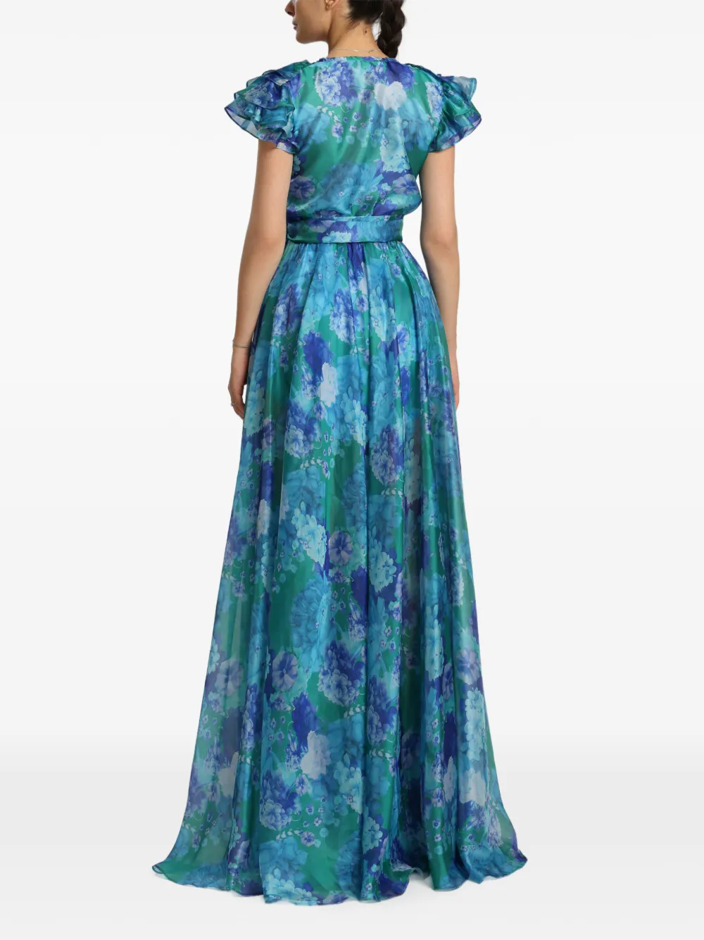 MIAU by Clara Rotescu Joanna avondjurk met bloemenprint en ruches Blauw