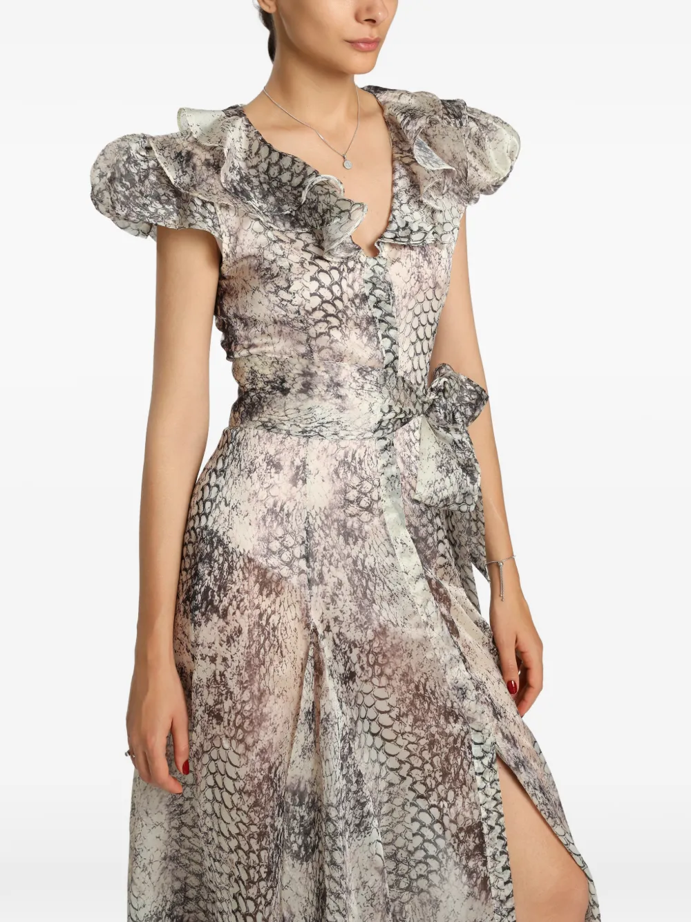 MIAU by Clara Rotescu Irina avondjurk met slangenprint en ruches Beige