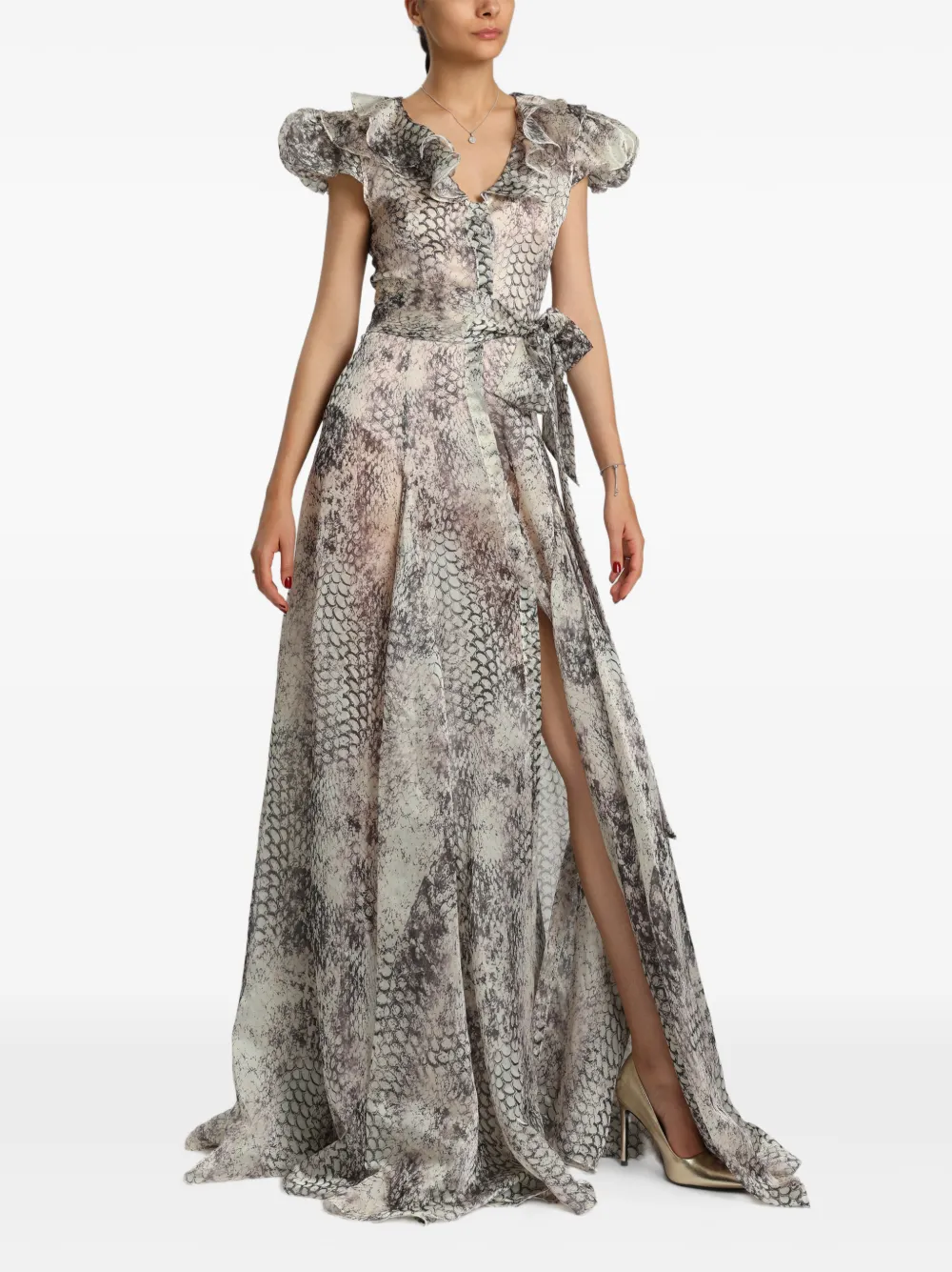 MIAU by Clara Rotescu Irina avondjurk met slangenprint en ruches Beige