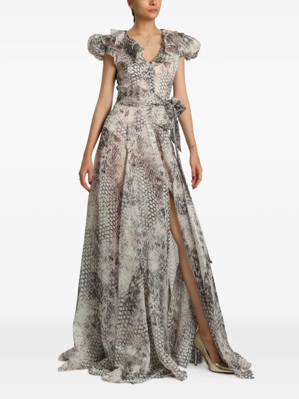 MIAU By Clara Rotescu Irina snakeskin-print Ruffled Gown | Neutrals