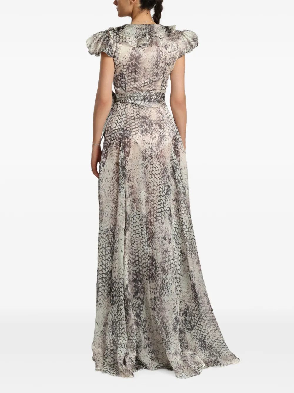 MIAU by Clara Rotescu Irina avondjurk met slangenprint en ruches Beige