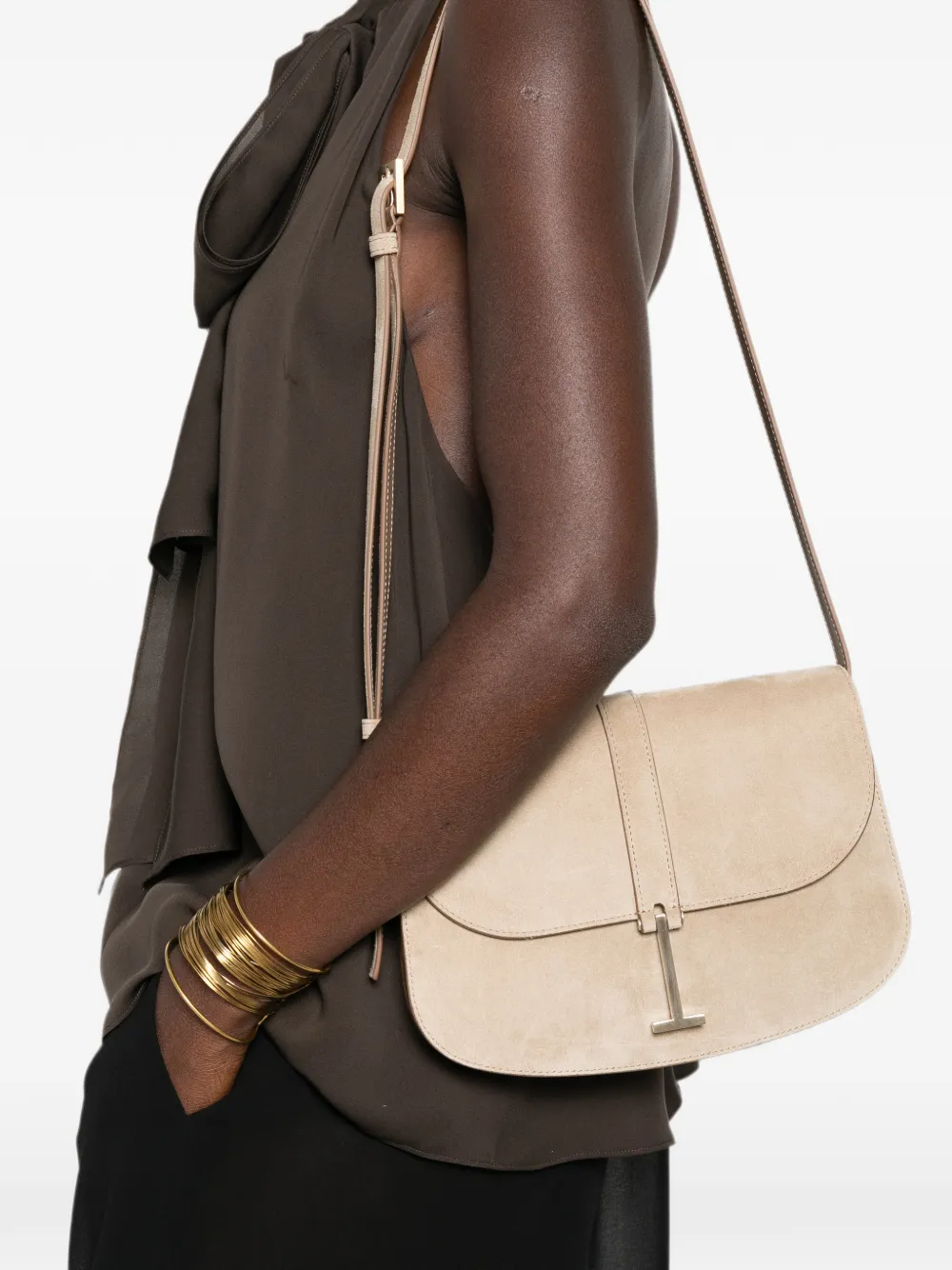 TOM FORD Kleine Kara suède crossbodytas met T-bar Beige