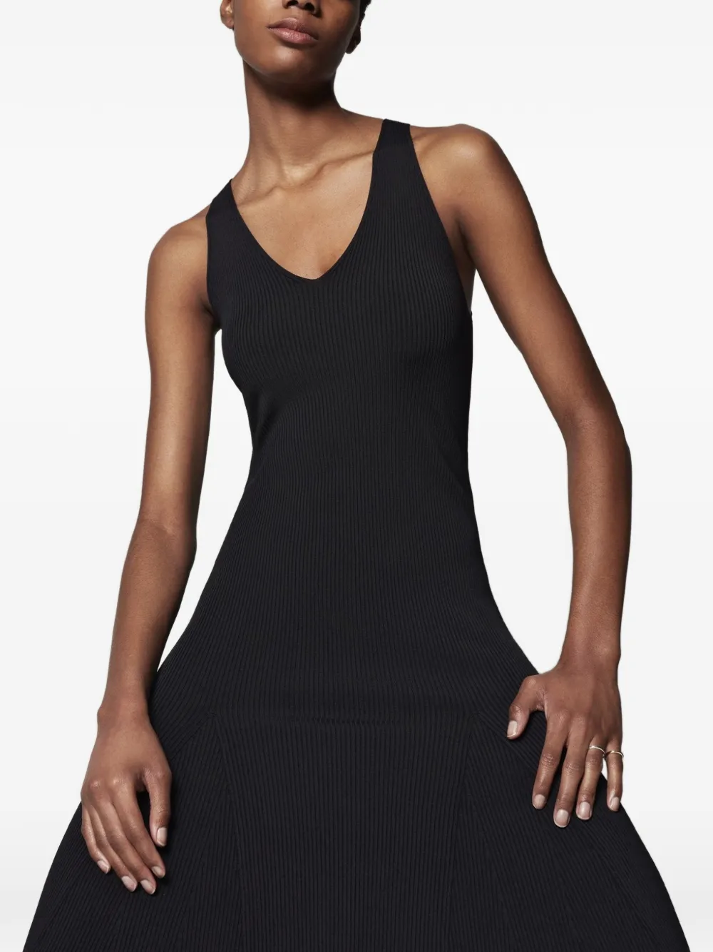 Another Tomorrow Deep V ribgebreide jurk Zwart