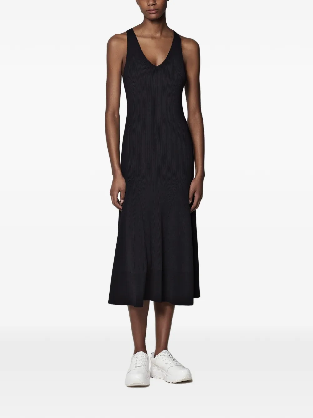 Another Tomorrow Deep V ribgebreide jurk Zwart