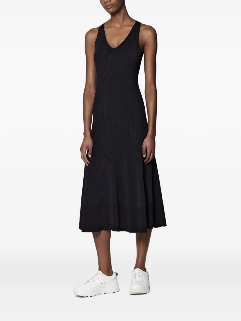 Another Tomorrow Deep V ribgebreide jurk Zwart