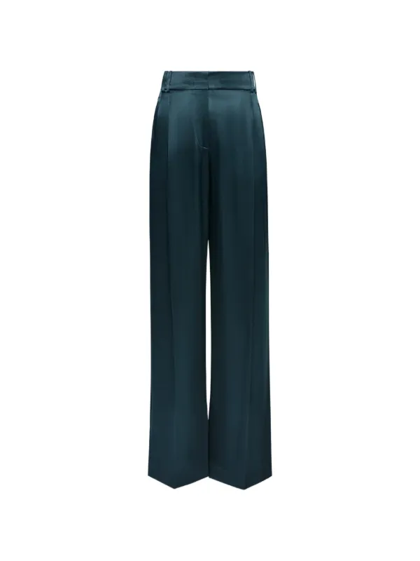 Another Tomorrow Pleated Satin Trousers in Green
