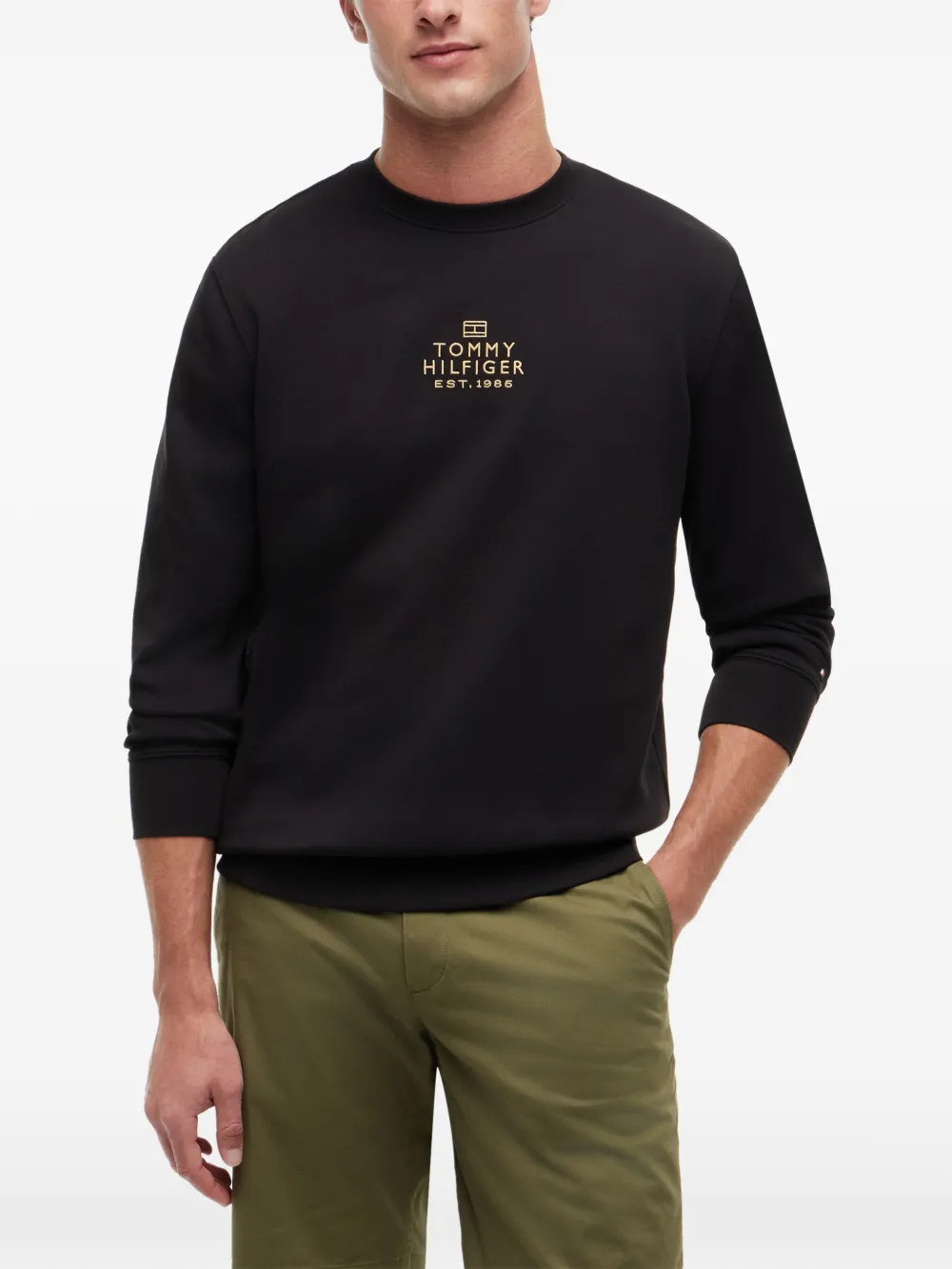 Tommy Hilfiger Trui met geborduurd logo en ronde hals Zwart