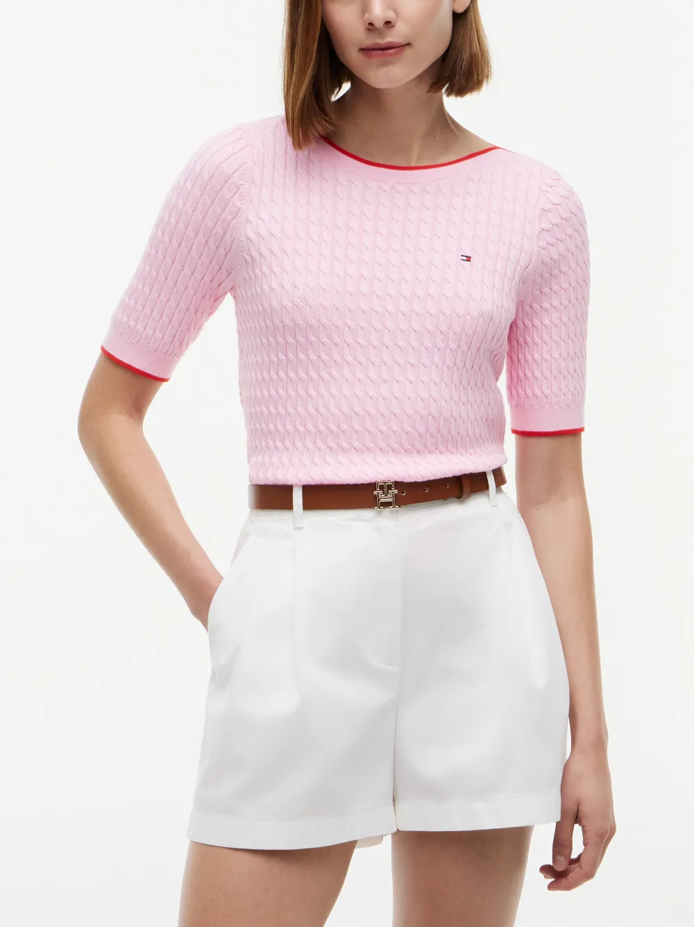 Tommy Hilfiger Kabelgebreide trui met korte mouwen Roze