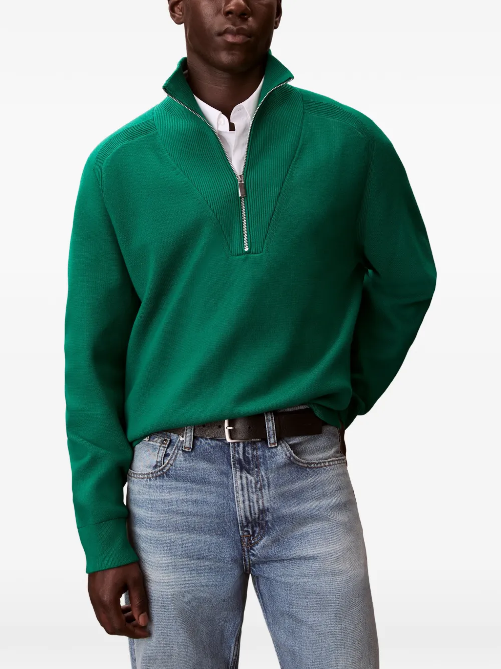 Calvin Klein Trui met kwartrits en geribbelde afwerking Groen