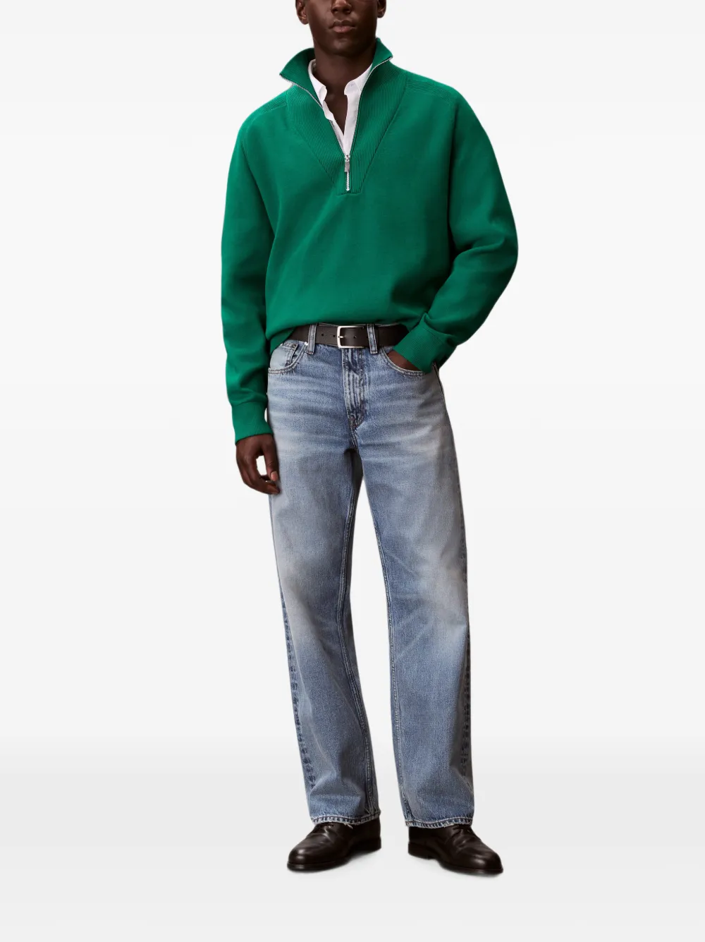 Calvin Klein Trui met kwartrits en geribbelde afwerking Groen