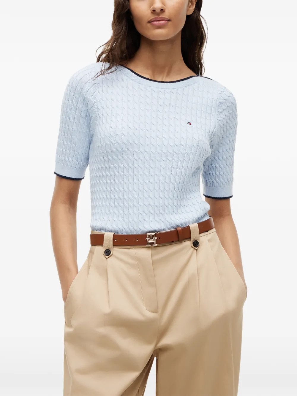 Tommy Hilfiger Kabelgebreide trui met korte mouwen Blauw