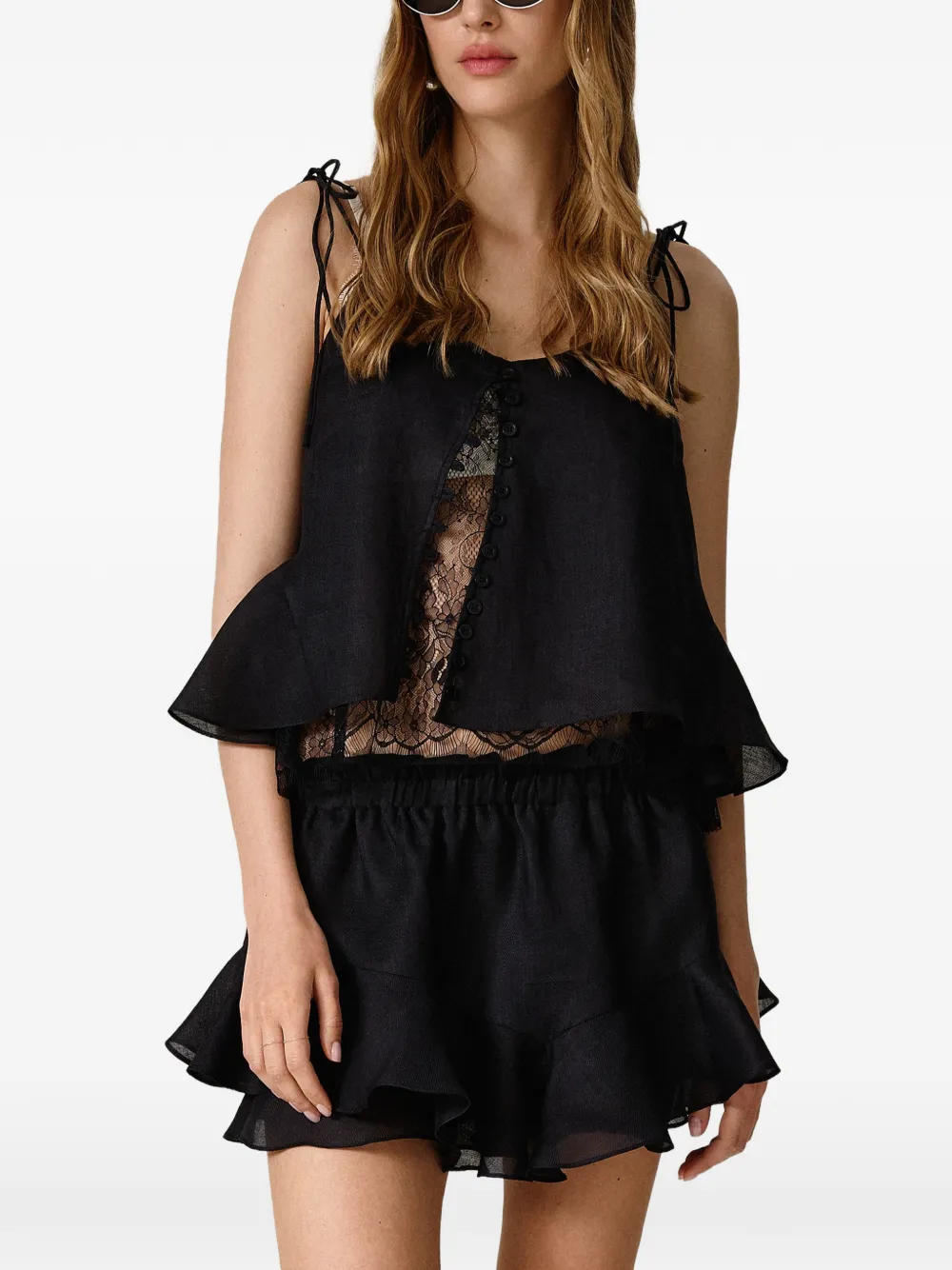 PNK lace-panelled ruffled tank top - Nero