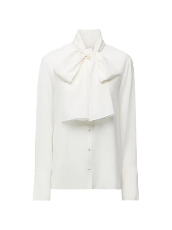 Another Tomorrow Signature Bow-detail Silk Blouse in White