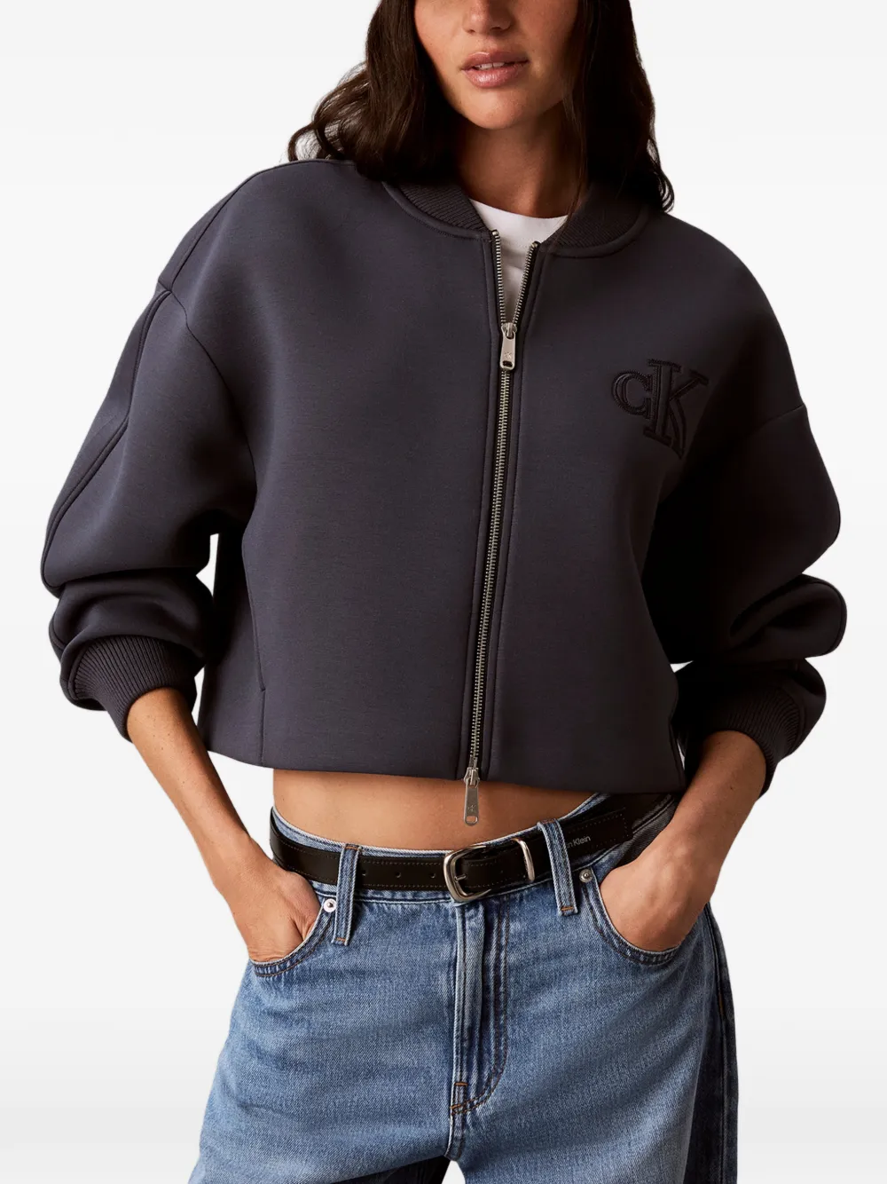 Calvin Klein Logo-embroidered Cropped Bomber Jacket in Blue, view 2