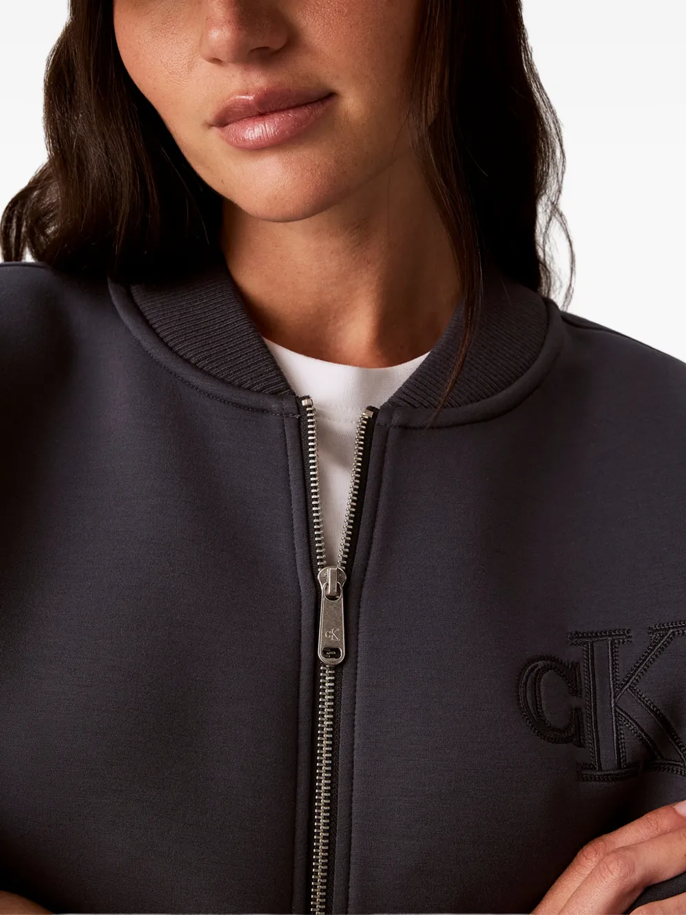Calvin Klein Logo-embroidered Cropped Bomber Jacket in Blue, view 4