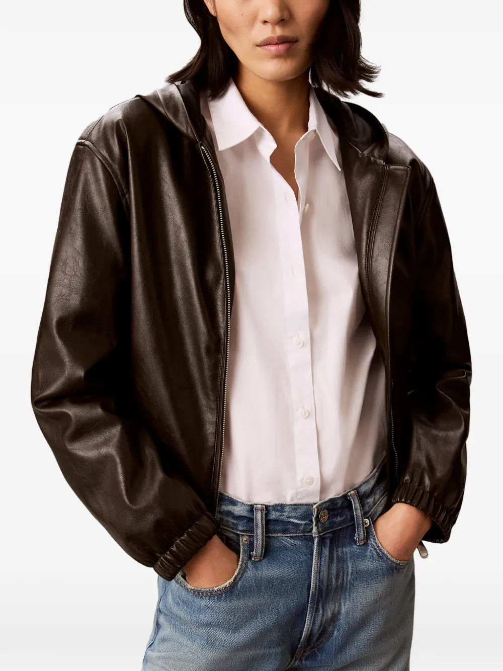 Calvin Klein Hooded Zip-up Bomber Jacket in Brown, view 2