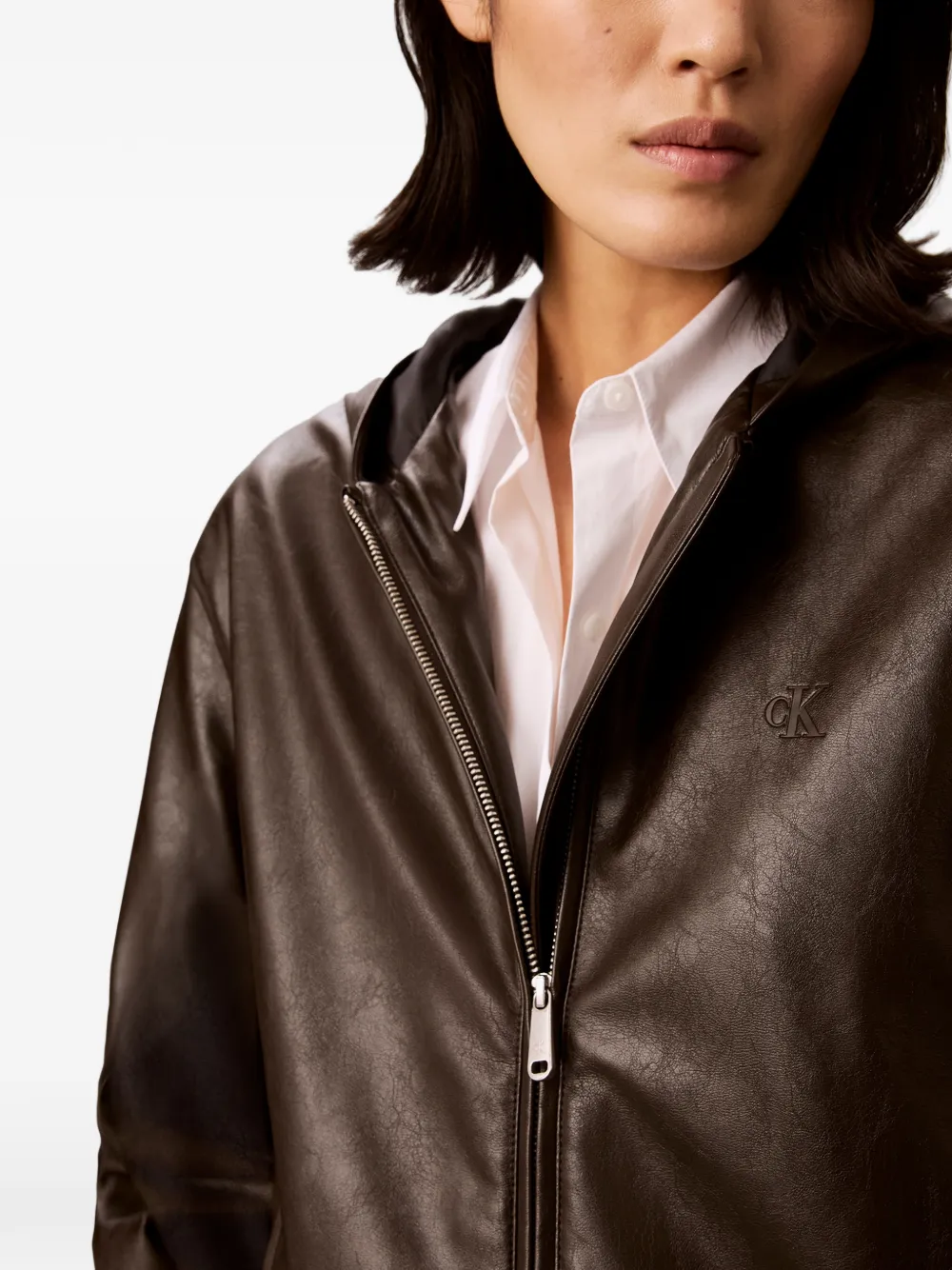 Calvin Klein Hooded Zip-up Bomber Jacket in Brown, view 4