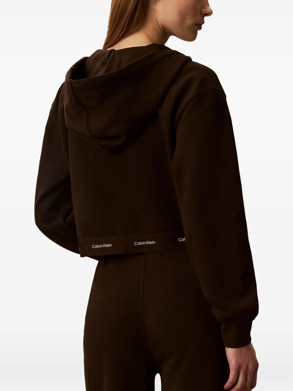 Calvin Klein Cropped hoodie met logoband en rits Bruin