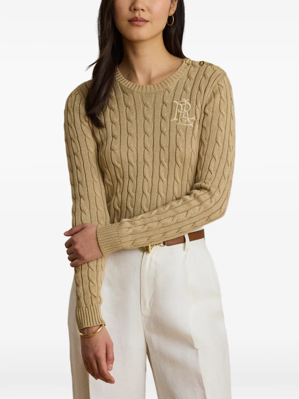 Lauren Ralph Lauren Kabelgebreide trui met knopen afwerking Beige