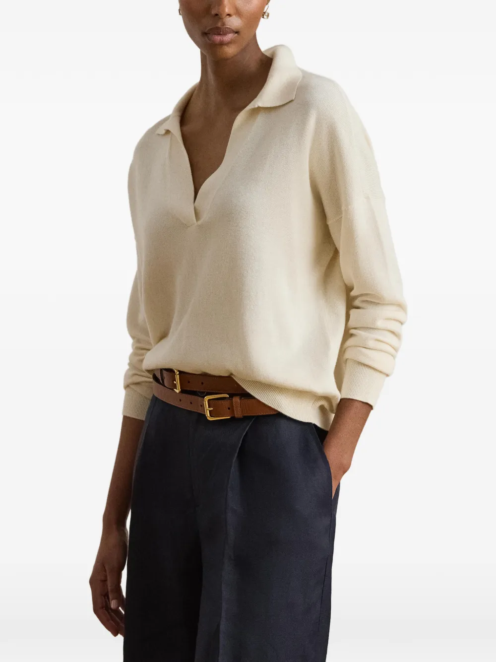 Lauren Ralph Lauren Ruimvallende trui met Johnny kraag Beige