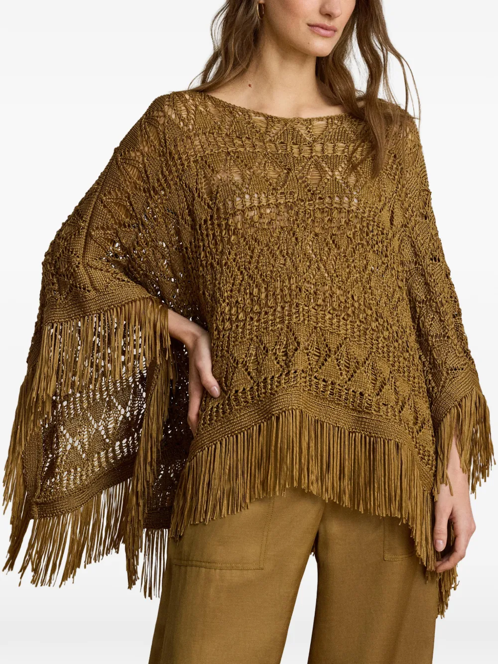 Lauren Ralph Lauren Poncho met franje afwerking Bruin