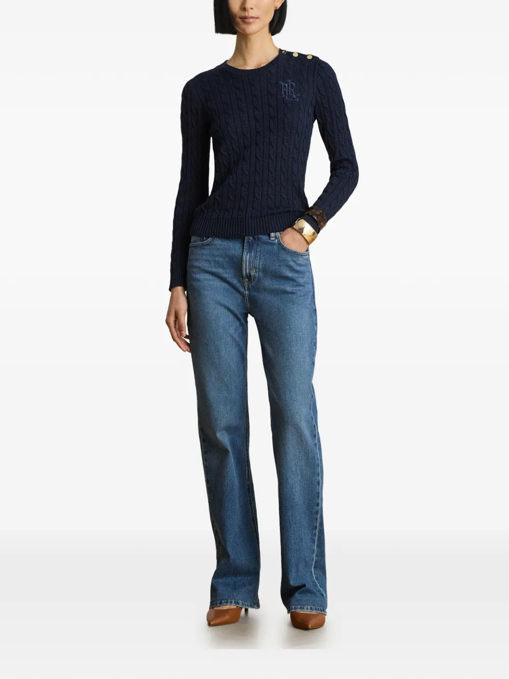 Lauren Ralph Lauren Kabelgebreide trui met knopen afwerking Blauw