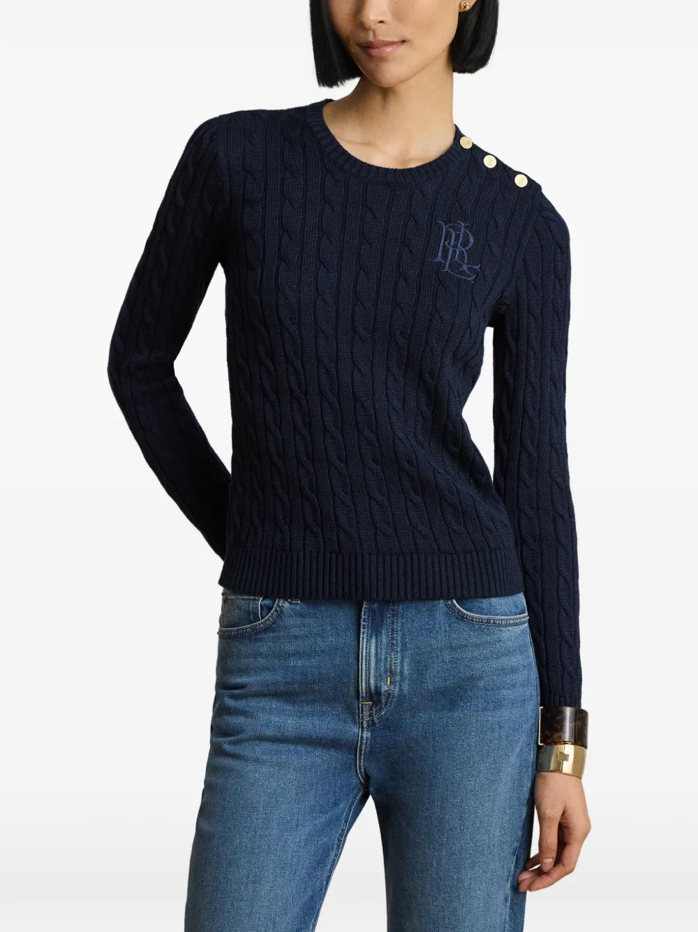 Lauren Ralph Lauren Kabelgebreide trui met knopen afwerking Blauw