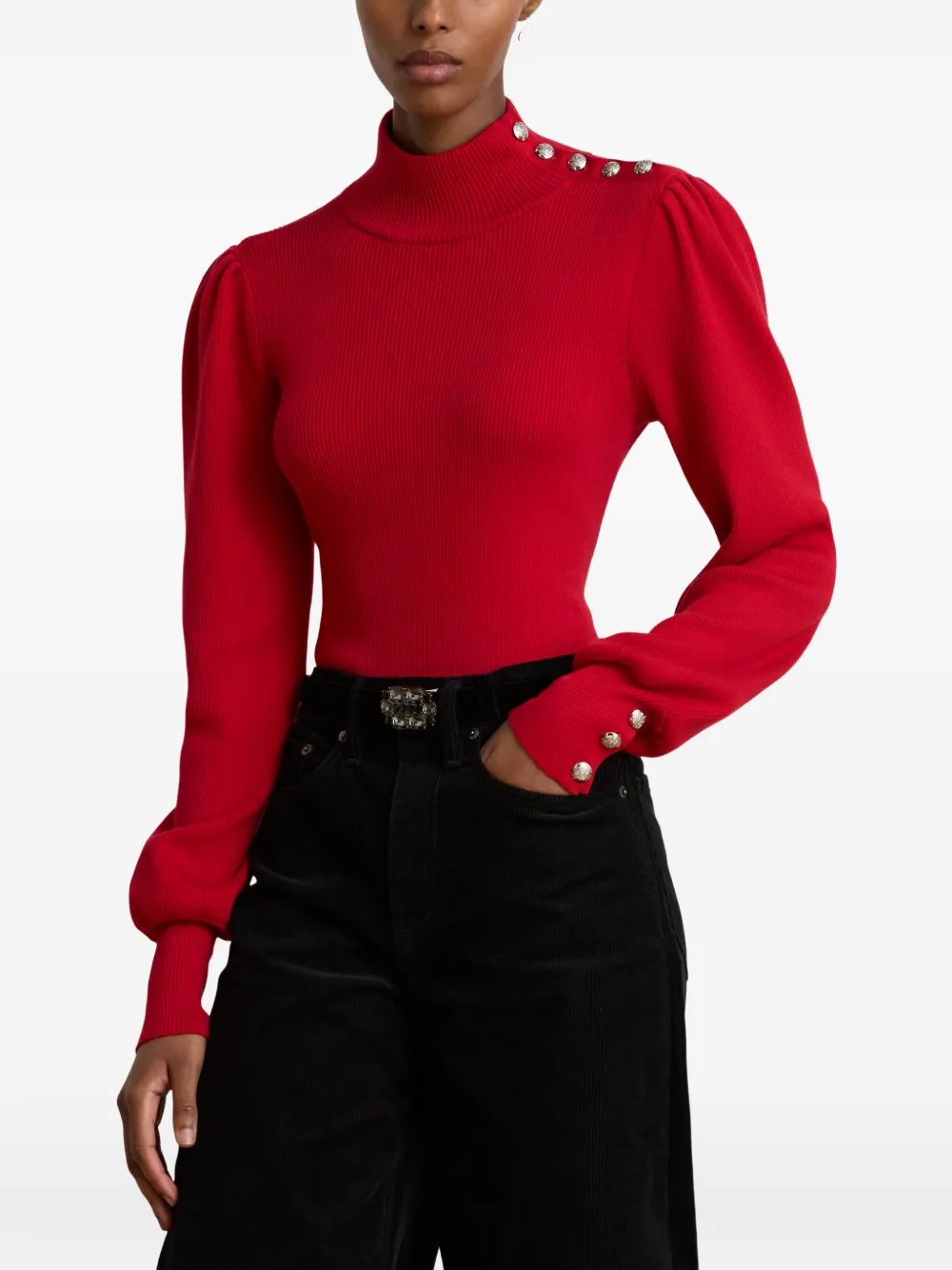 Lauren Ralph Lauren Ribgebreide trui met knoopafwerking Rood