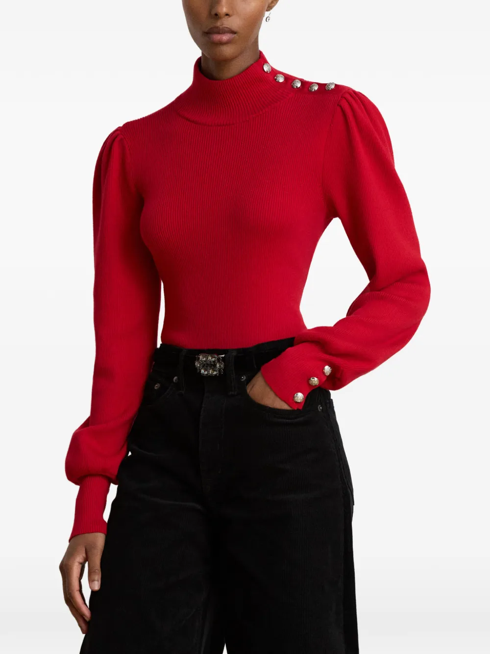Lauren Ralph Lauren Ribgebreide trui met knoopafwerking Rood