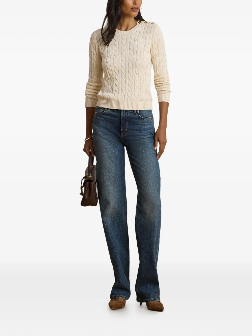 Lauren Ralph Lauren Kabelgebreide trui met knoopdetail Beige