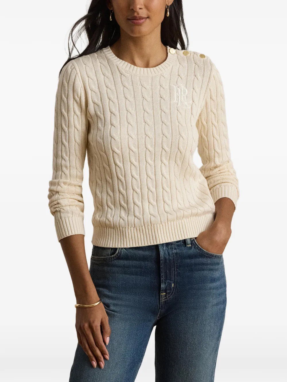 Lauren Ralph Lauren Kabelgebreide trui met knoopdetail Beige