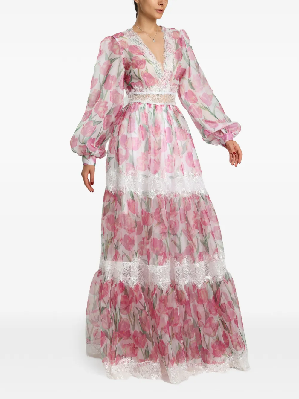 MIAU by Clara Rotescu Eze avondjurk met bloemenprint en kant Roze