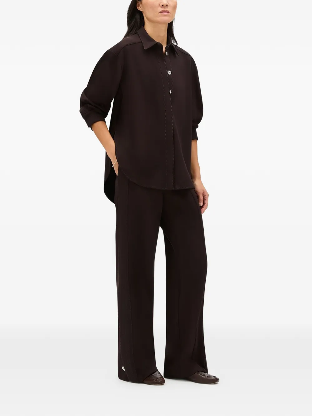 Another Tomorrow Blouse met stikseldetail en gewelfde afwerking Bruin