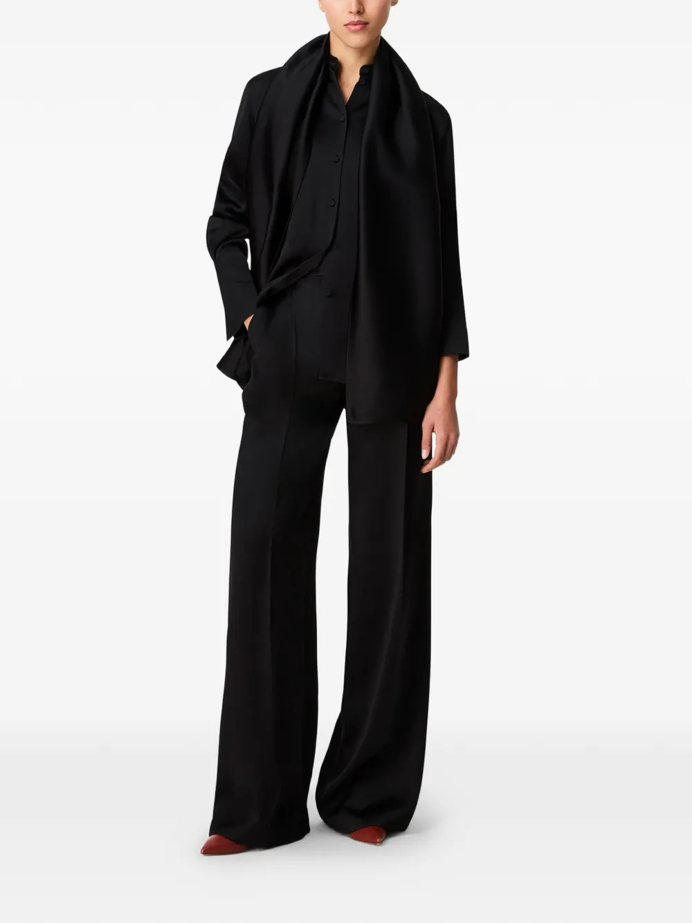 Another Tomorrow Blouse met bandkraag en sjaaldetail Zwart