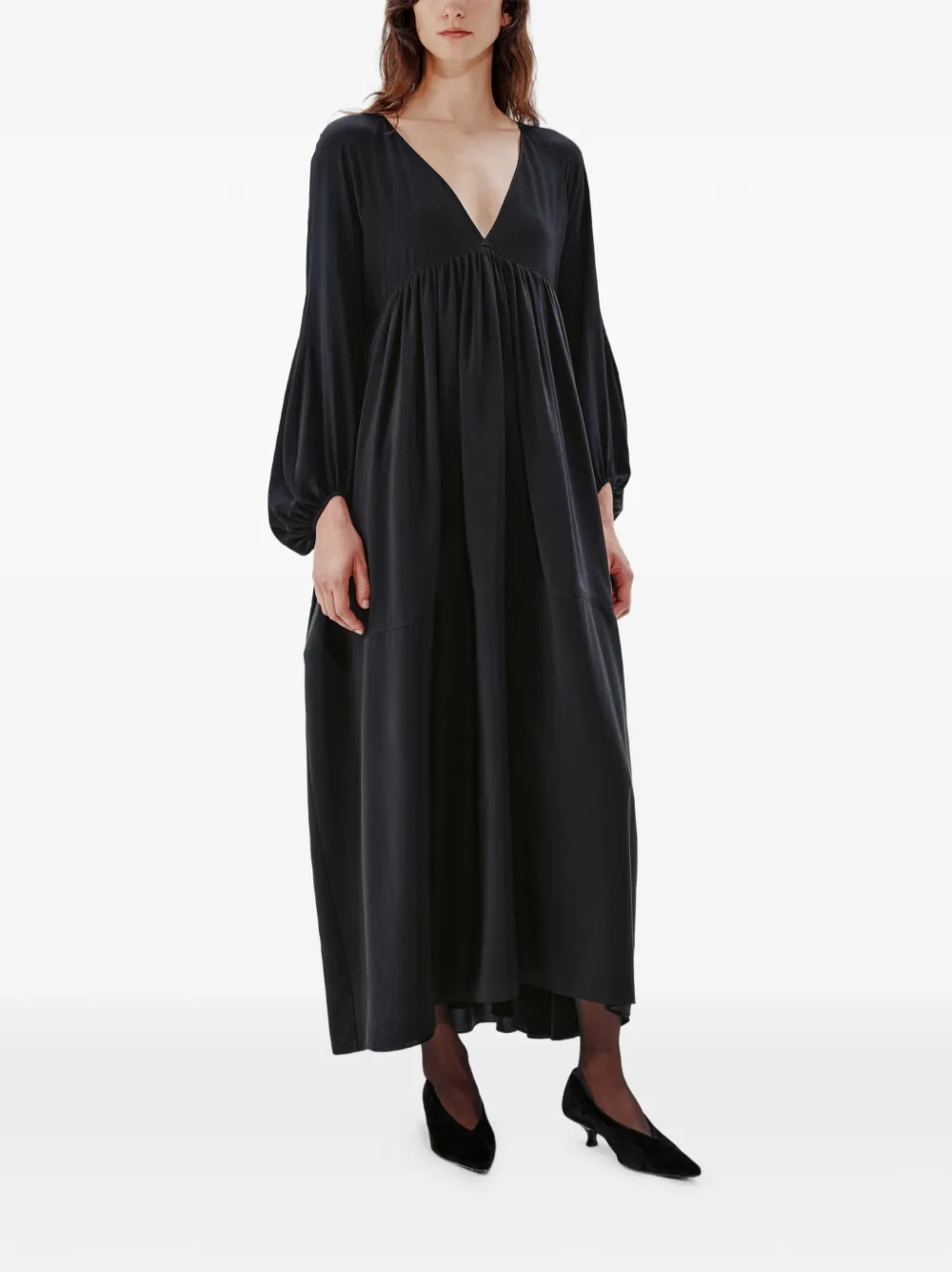 Another Tomorrow Maxi-jurk met empire taille en bisschopmouwen Zwart