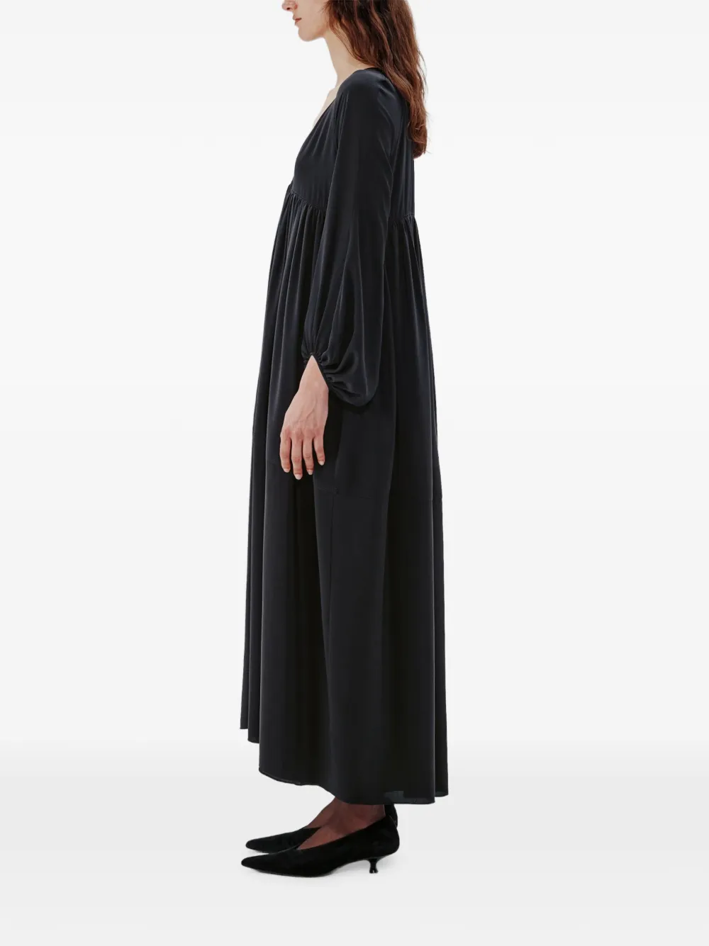 Another Tomorrow Maxi-jurk met empire taille en bisschopmouwen Zwart
