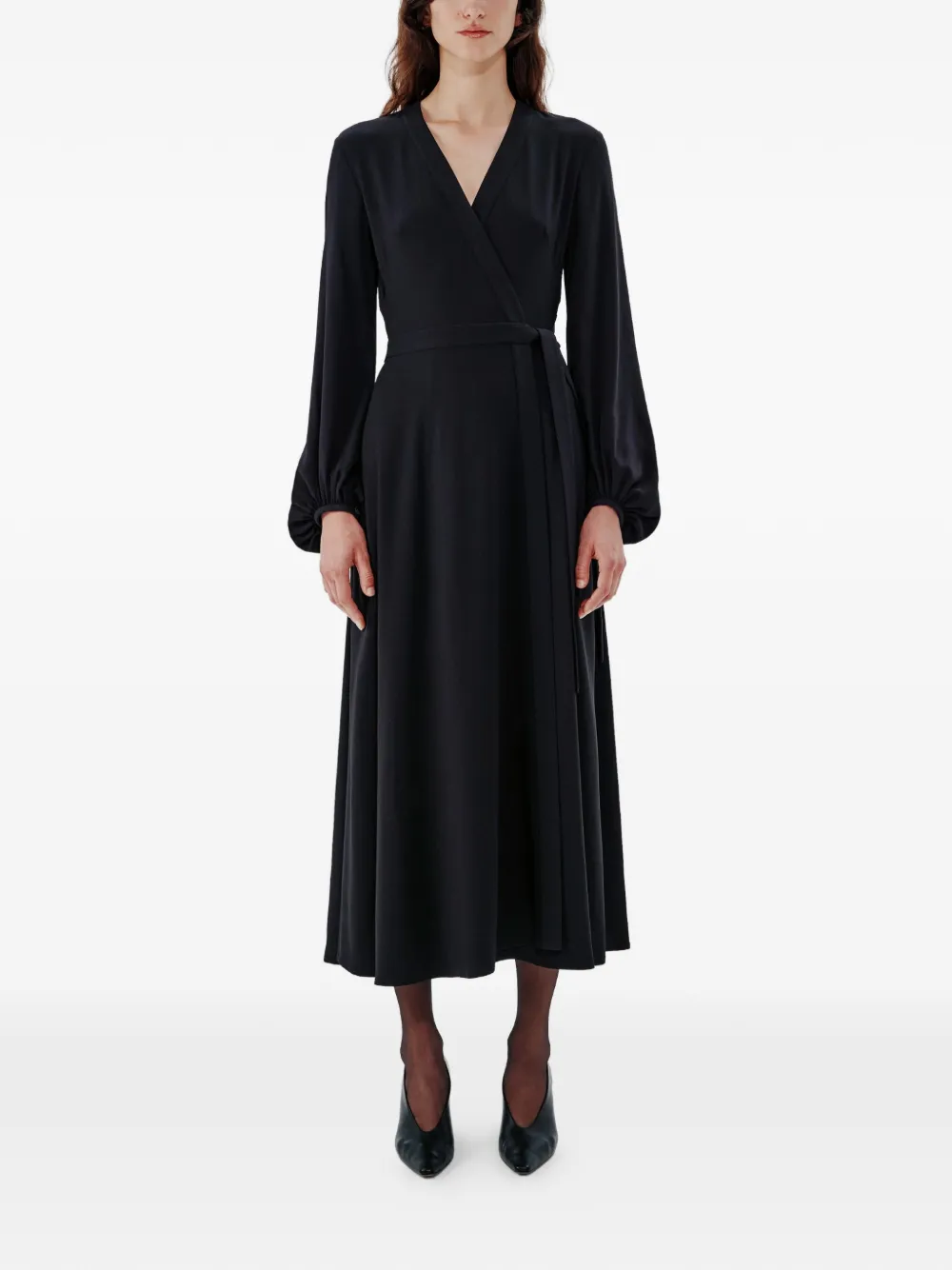Another Tomorrow Wrap-detail Midi Dress in Black, view 2