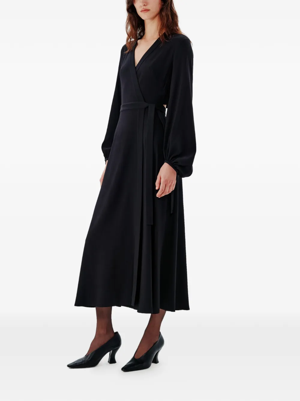 Another Tomorrow Wrap-detail Midi Dress in Black, view 3